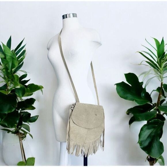 Tan Brown Leather Fringe Bucket Purse Bag Crossbody Medicine Biker - Picture 1 of 8